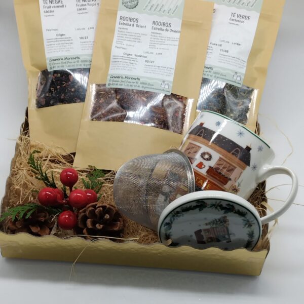 Cesta de regalo – Té e infusiones + taza navideña